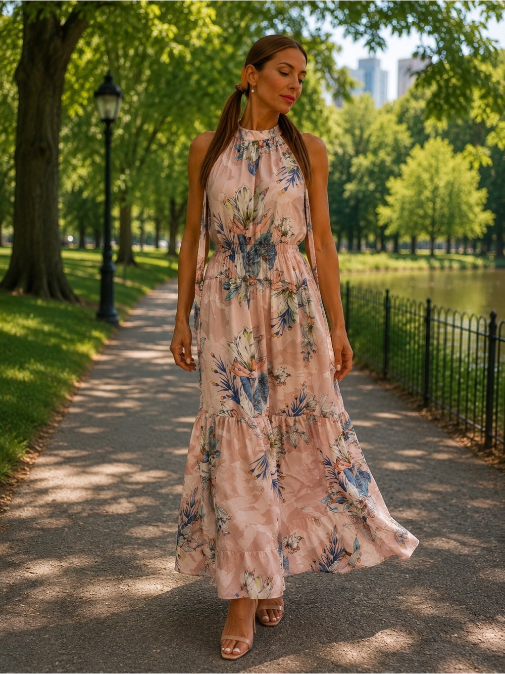 Sleeveless Floral Halter Maxi Dress in Blush